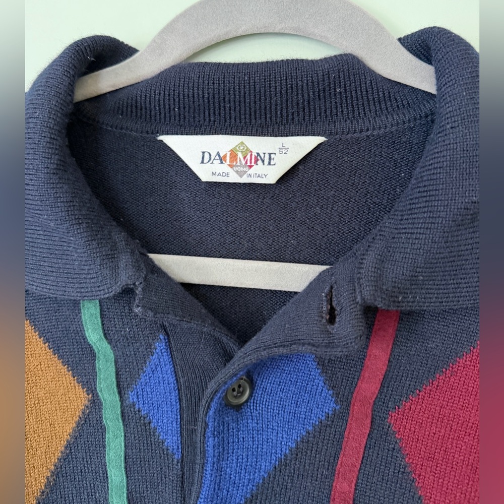 Vintage 80s/90s Italian Wool Argyle Collared 1/4 Button Up Sweater Size Large - Picture 3 of 4